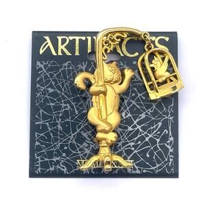 Vintage JJ Jonette Gold-Tone Cat After Bird in Cage Articulated Pin Brooch